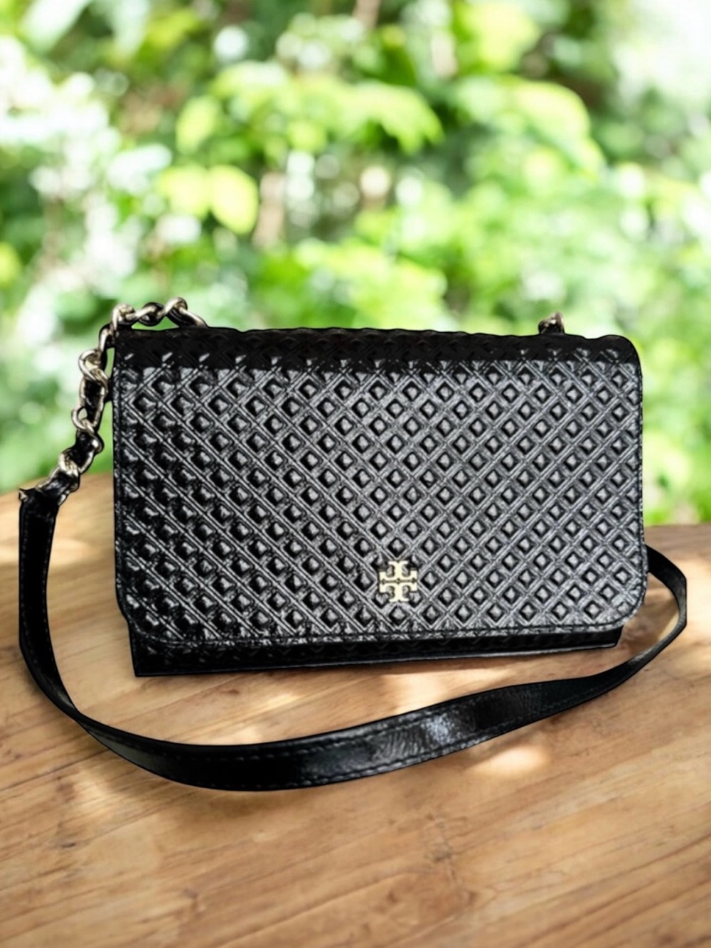 🆕 Tory Burch Marion Patent Flap Shoulder Bag Crossbody Black Embossed Leather